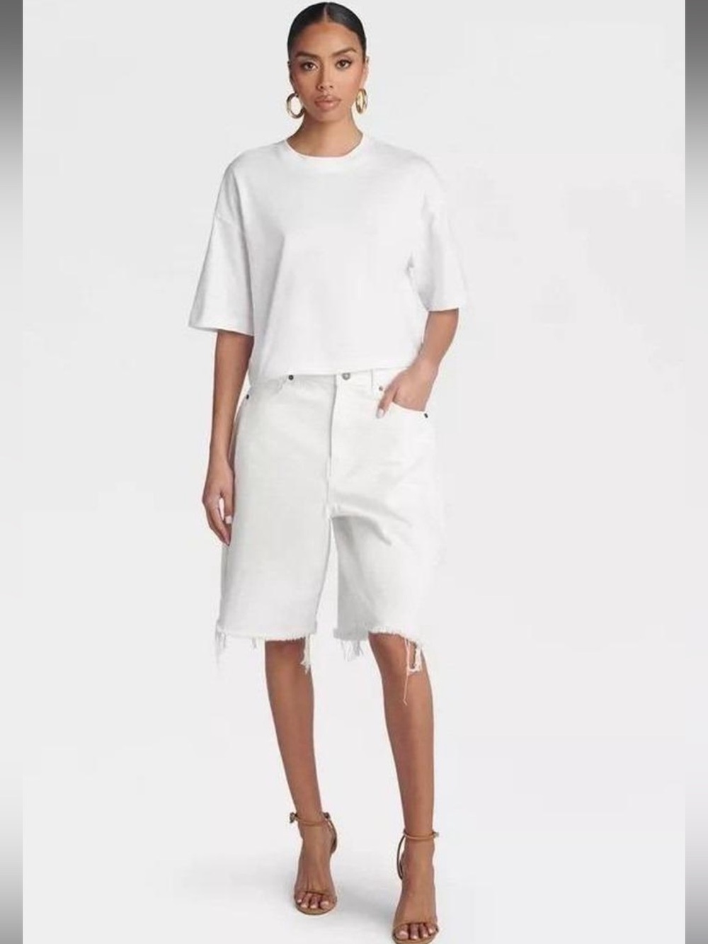 Cropped White Tee and Distressed White Denim Bermuda Shorts Sz 4 NWT